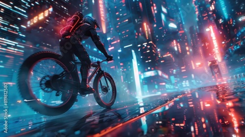 Bodybuilder Knight Pedaling through a Futuristic Cityscape on a Hightech Bicycle