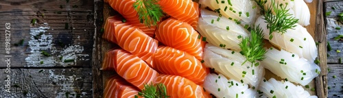 Rustic seafood feast, assorted sashimi including salmon and white fish, decorated with fresh parsley and dill, on a weathered wooden platter, evoking a farmhouse style