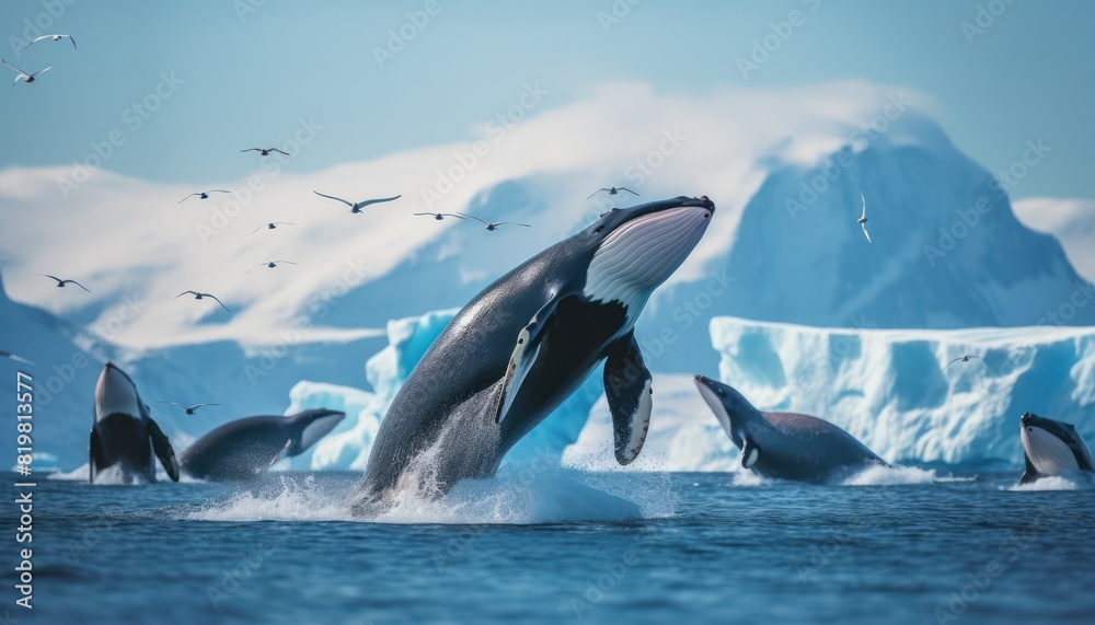 Fototapeta premium Groups of Orcas or killer whales swim and hunt for prey, the top of the food chain in a sea of ​​ice floes