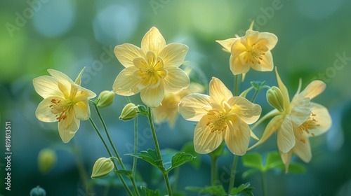 Aquilegia Coerulea Kirigami Yellow. Beautiful flowers with light yellow shades.  photo