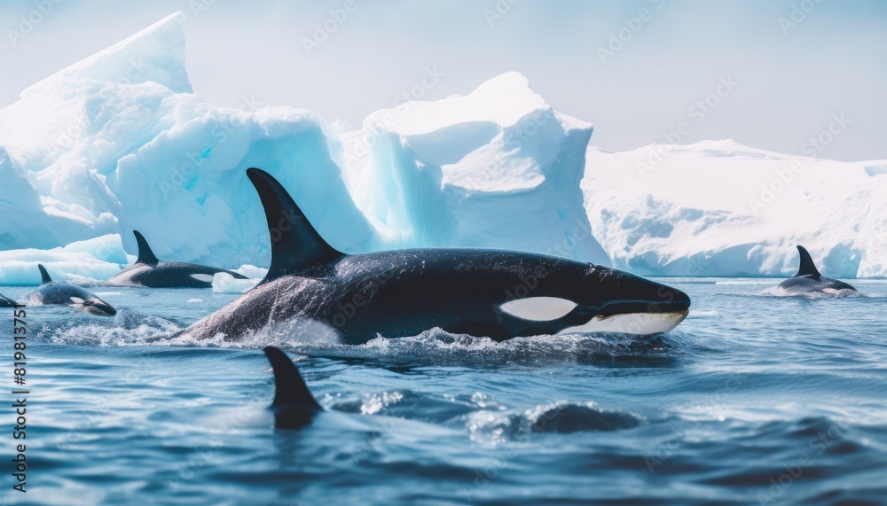 Groups of Orcas or killer whales swim and hunt for prey, the top of the food chain in a sea of ​​ice floes