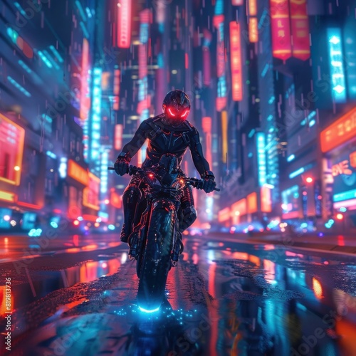 Futuristic Warrior Biking through a NeonIlluminated Cityscape in a Style