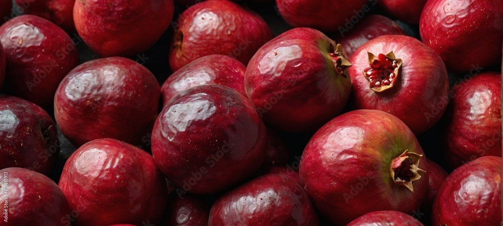 Many fresh ripe pomegranates as background closeup 