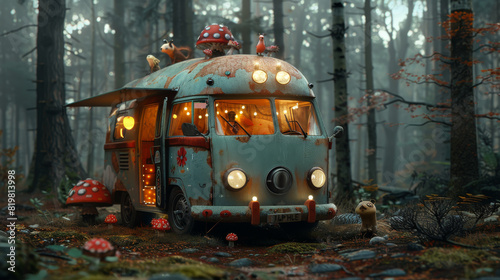A vintage green and red bus with a mushroom on the roof photo