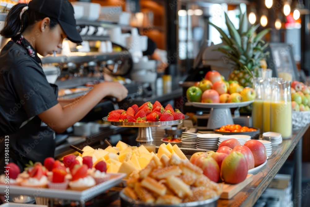 Café Staff Preparing Brunch Spread with Assorted Pastries, Fresh Juices, and Vibrant Fruit Platters - Ideal for Food and Beverage Promotions