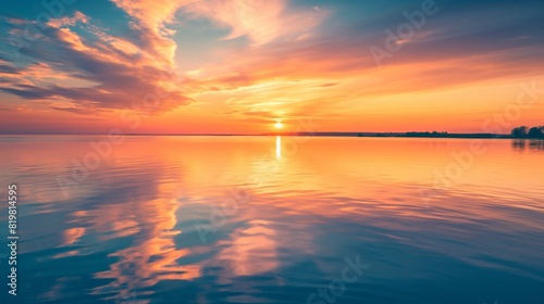 A tranquil sunset over a serene lake  with the sky painted in hues of orange and pink reflecting off the calm waters. 32k  full ultra HD  high resolution