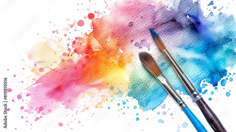 Fototapeta premium Isolated paintbrushes against colorful watercolor