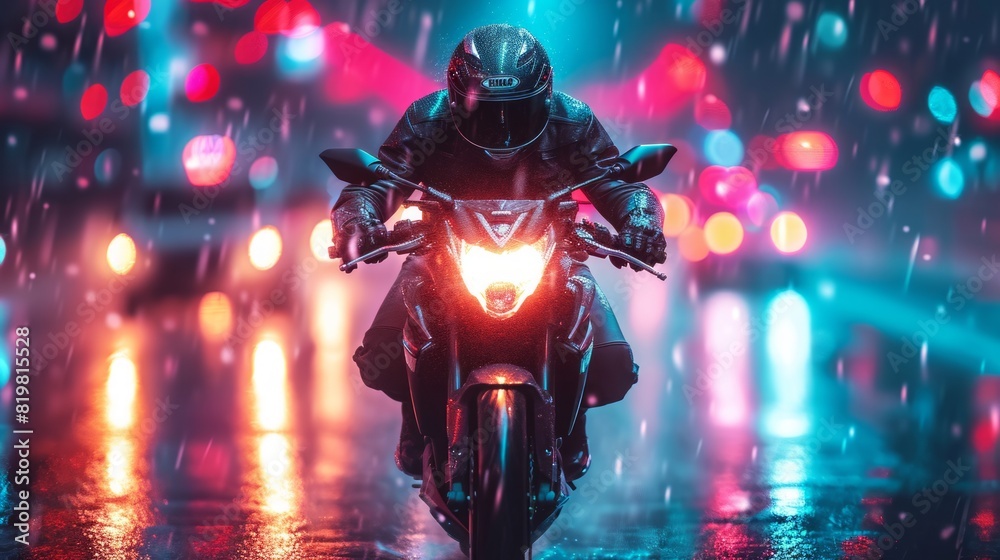Fototapeta premium A motorcyclist rides fast in neon lights.