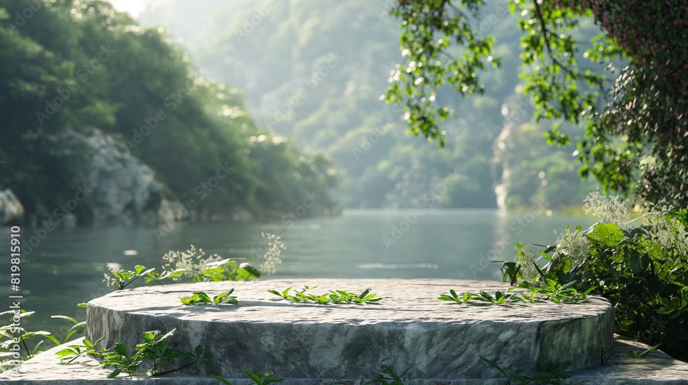 Fototapeta premium Natural stone podium in natural lake background with green leaves in the green jungle. Empty showcase for packaging product presentation. Background for cosmetic products. Mockup pedestal.