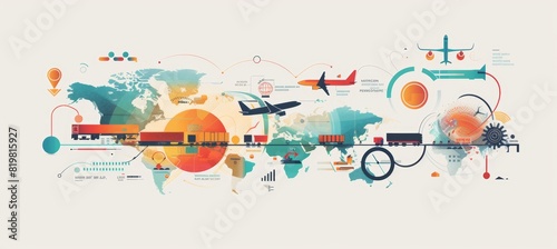 Global Trade Infographic: Flow of International Commerce with Shipping, Air Freight, and Rail Transport Icons