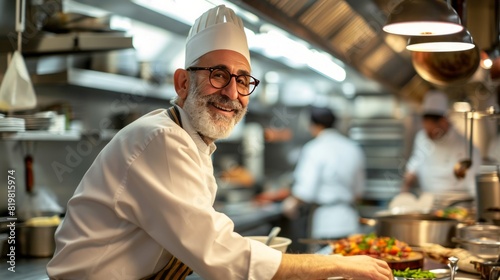 Portrait of a senior chef standing in a restauran and smiling.