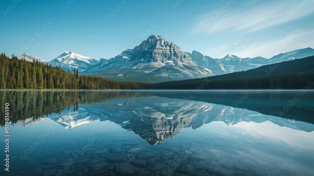 Clear reflection of a mountain in a lake, focus on the symmetry, natural perfection, selective focus, in a national park, dynamic, blend mode, water backdrop