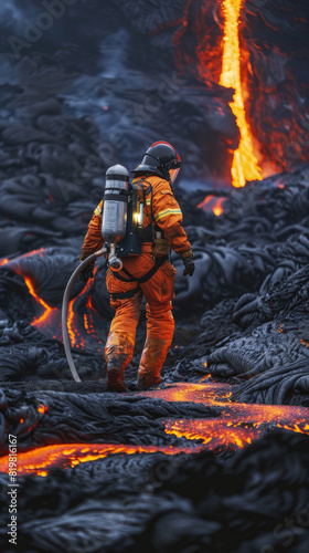 a firefighter in a thermal suit with this edited to his back with a tube connected with a gun which he is using to freeze magma running down the side of a volcano mountain