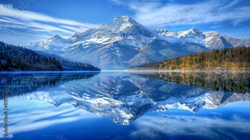Clear reflection of a mountain in a lake, focus on the symmetry, natural perfection, selective focus, in a national park, dynamic, blend mode, water backdrop