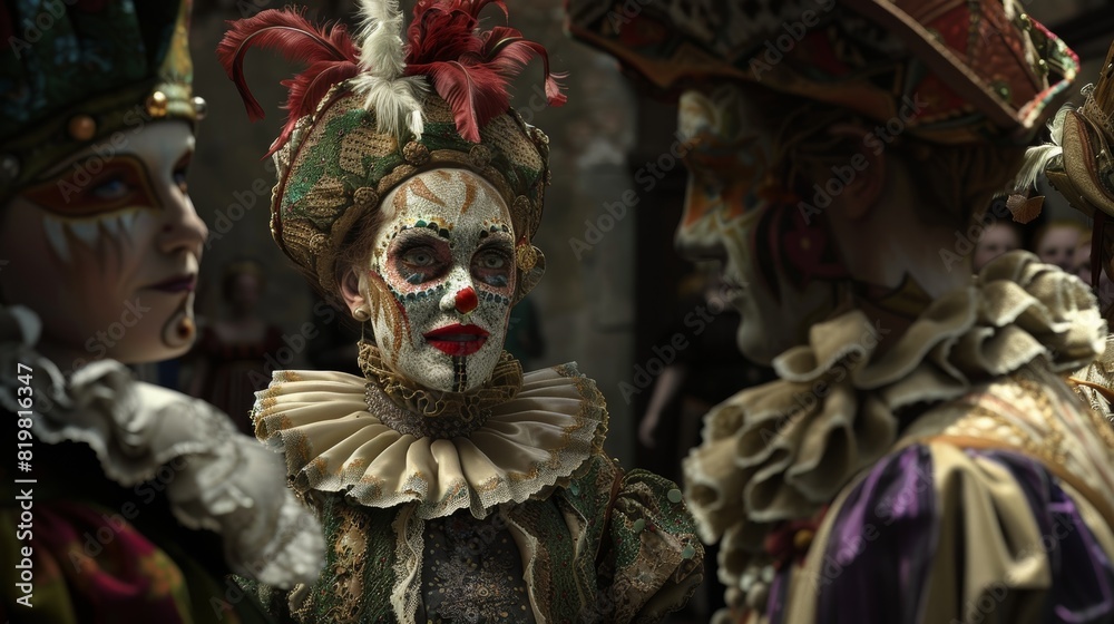 Dramatic Costumed Performance in Elaborate Makeup and Historic Attire - Theatrical Scene Evoking Bygone Era for Posters, Cards, and Print Design Dramatic Costumed Performance in Elaborate Makeup and Historic Attire - Theatrical Scene Evoking Bygone Era for Posters, Cards, and Print Design