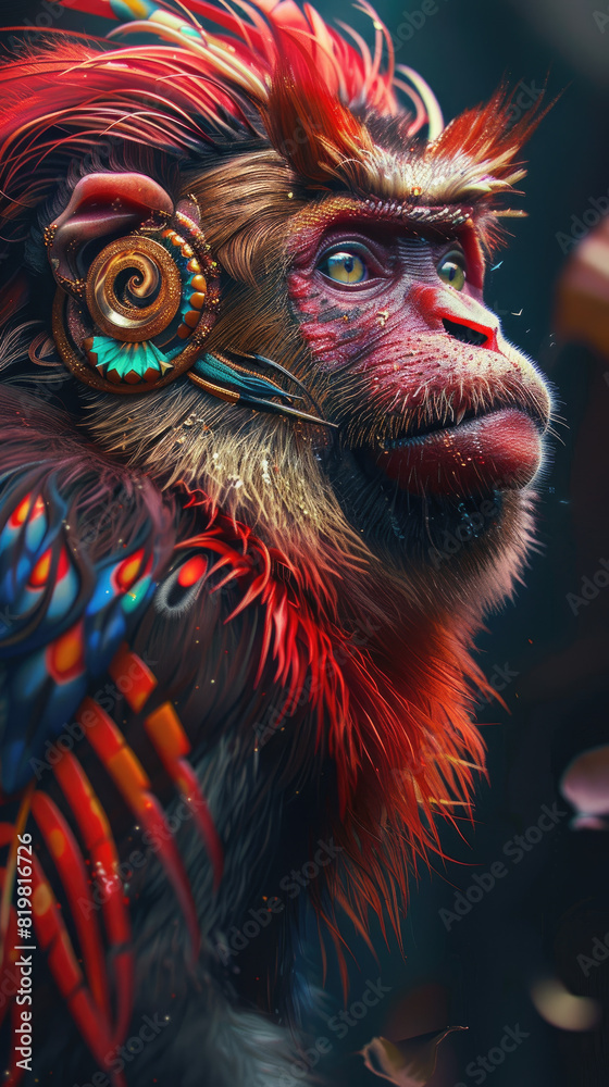 a majestic monkey, red colorful Chinese style, unique hyper realistic illustrations