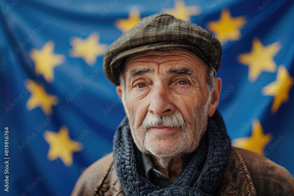 Elderly Man with Cap in Front of European Union Flag. Elderly Man with Cap in Front of European Union Flag.