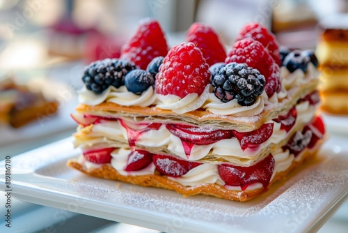 Gourmet Pastries in Chic Cafe Setting with Pastry, Fruit, and Cream Layers - Ideal for Culinary Promotions
