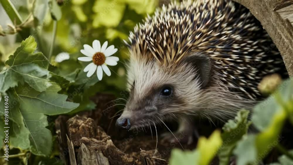 A hedgehog is standing in a field of flowers. The hedgehog is surrounded by green leaves and flowers, and it is enjoying the beauty of nature