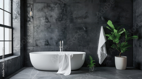 A photo of large dark grey marble tiles in a bathroom  a white bathtub and a black window with natural light. A white towel hangs on the wall next to an indoor plant. The room is minimalist and has