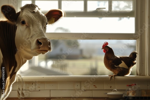 Cow and chicken together in a cozy kitchen, looking through a window. photo