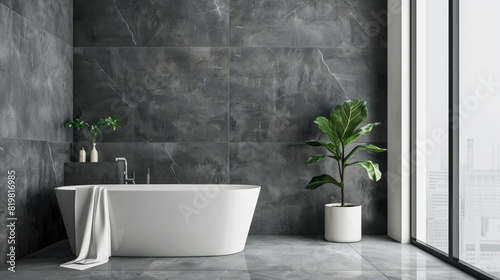 A photo of large dark grey marble tiles in a bathroom  a white bathtub and a black window with natural light. A white towel hangs on the wall next to an indoor plant. The room is minimalist and has