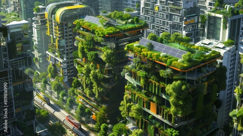 Eco-Friendly Metropolis  Urban Landscape with Vertical Gardens  Green Roofs  and Clean Energy Innovations