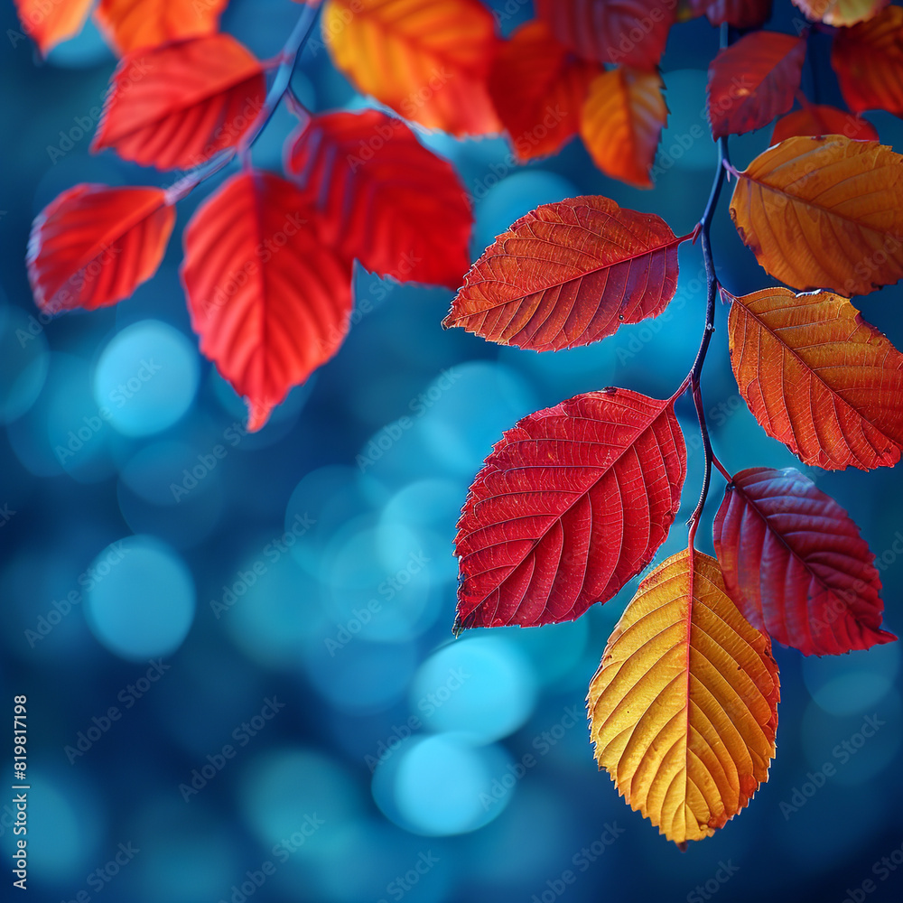 Fototapeta premium Colorful autumn background in panoramic format with red, yellow and green leaves framing a blue bokeh background