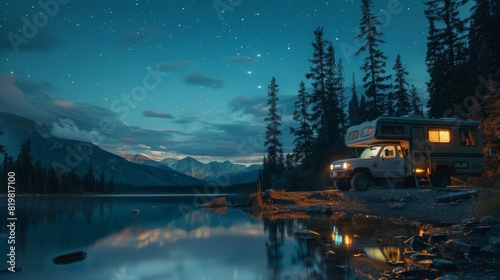A camper is parked by a lake at night