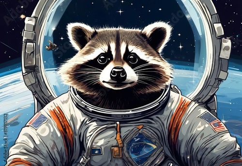 raccoon in a spacesuit in space drawn photo