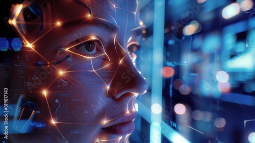 Futuristic AI Facial Mapping Technology in High-Tech Security Control Room