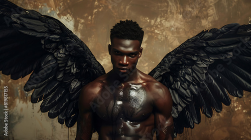 An alluring, masculine black angel with dark wings and hair exudes a captivating presence, embodying allure and strength in this striking image captured on Adobe Stock