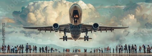 A realistic image of an aircraft taking off with many bystanders looking befoundedly at it photo