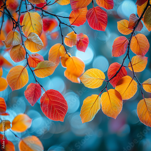 Colorful autumn background in panoramic format with red  yellow and green leaves framing a blue bokeh background