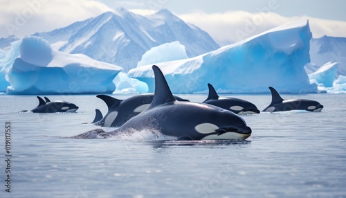 Groups of Orcas or killer whales swim and hunt for prey  the top of the food chain in a sea of       ice floes