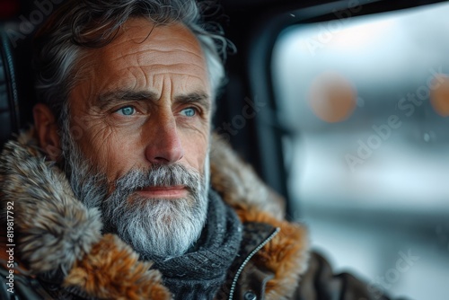 A mature man with blue eyes and a grey beard looks thoughtful while driving a car in cold weather