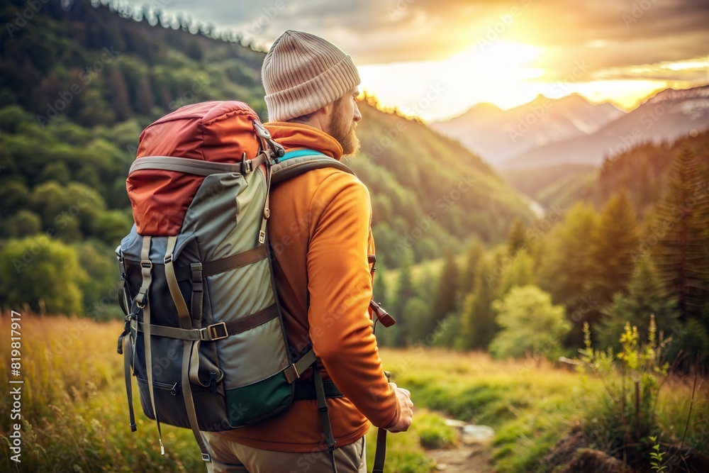 Adventure Seeker with Backpack (3:2): A close-up of an adventure seeker with a fully packed backpack, ready for a journey.
