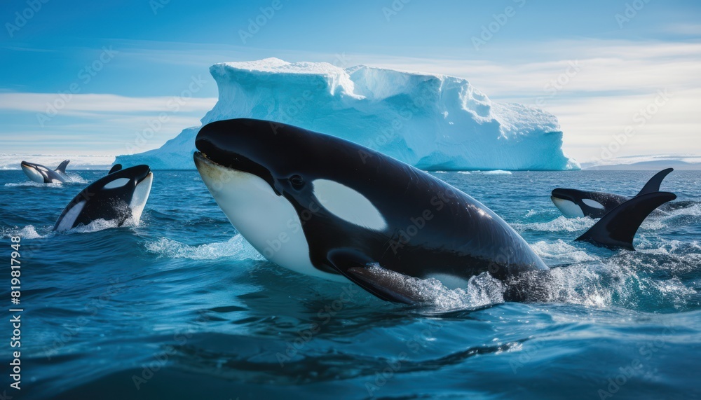 Fototapeta premium Groups of Orcas or killer whales swim and hunt for prey, the top of the food chain in a sea of ​​ice floes