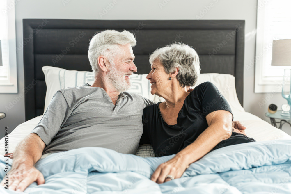 A pair of elderly people sitting in bed in the morning