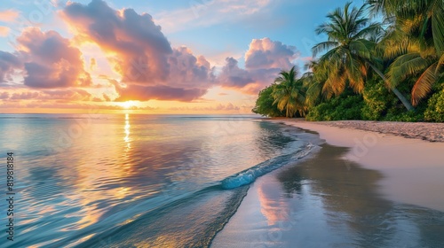 A serene tropical beach at sunrise with soft pink and orange hues reflecting on the calm ocean, bordered by lush palm trees. 
