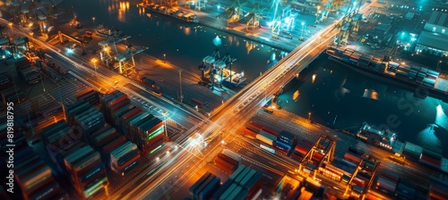 Nighttime Aerial View of Major Logistics Hub with Glowing Lights and Active Cargo Terminals for Global Trade Promotion