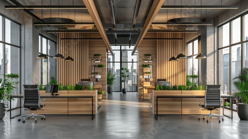 A modern office interior with wooden elements and pendant lighting, a city view through the windows, an empty corporate space concept.