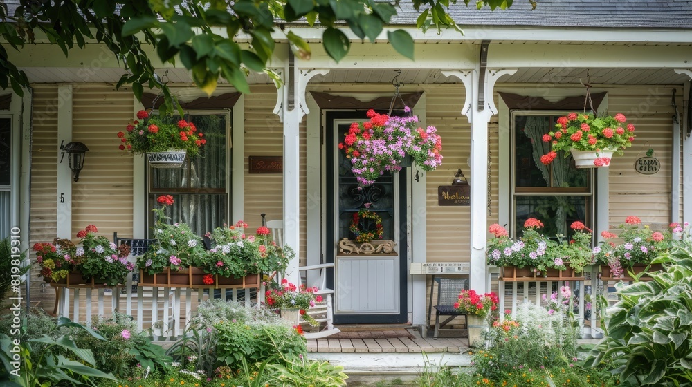 A charming bed and breakfast with a welcoming porch, flower boxes, and a quaint sign.