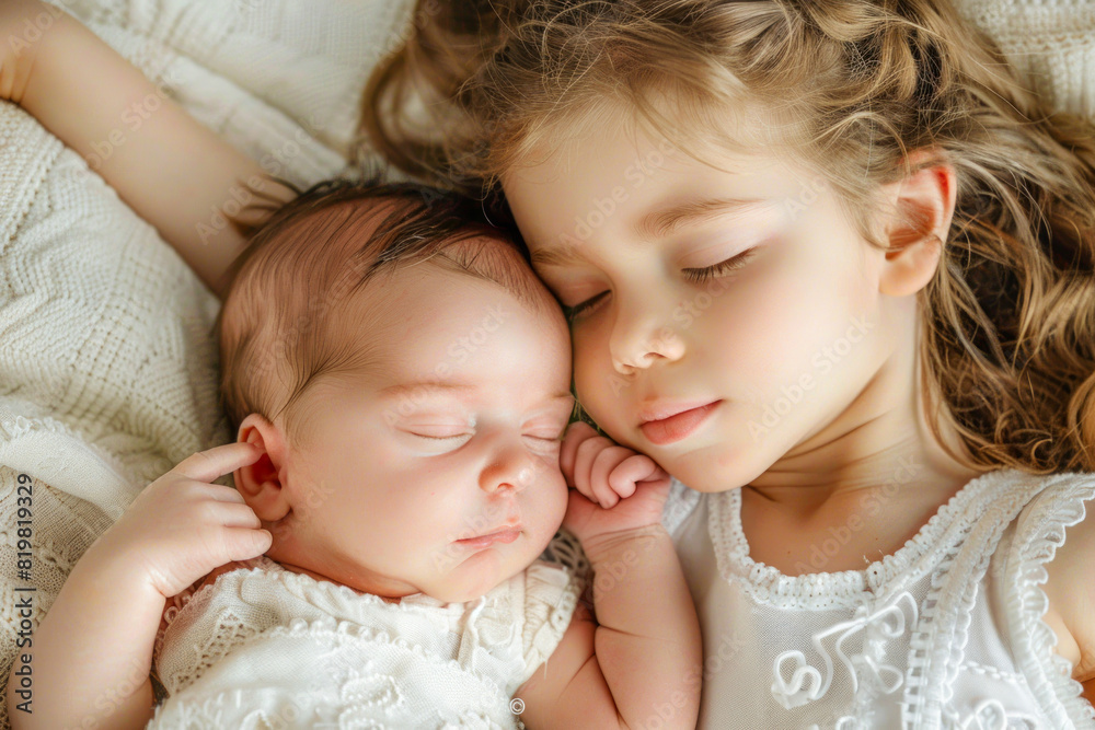 A baby with his older sister sleeping together A baby with his older sister sleeping together