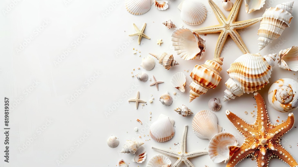 A beautiful arrangement of seashells and starfish on a white background. A beautiful arrangement of seashells and starfish on a white background.
