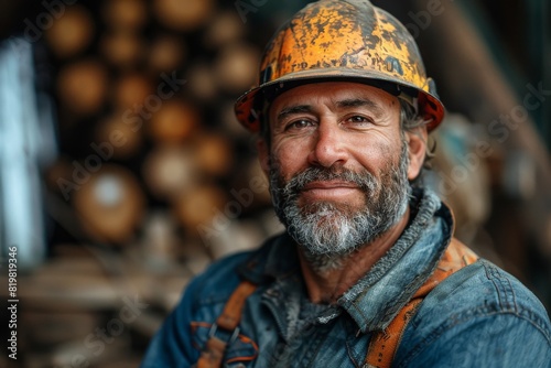 A rugged portrait of an industrial worker with a helmet, reflecting a strong character molded by hard work © familymedia