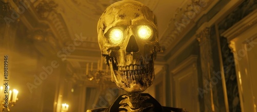 Golden Skeleton Ventures into the Heart of a Haunted Mansion at Night