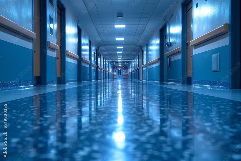 A perspective view of an empty hospital corridor illuminated with cool blue lights and closed doors