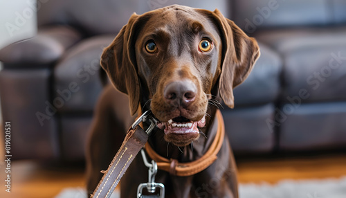 Adorable brown German Shorthaired Pointer dog holding leash in mouth indoors