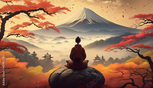 Beautiful rainy Japanese landscape in warm sunset autumnal colours, with a small silhouette meditating on a round rock. Misty mountains, golden foliage on bonsai trees. 